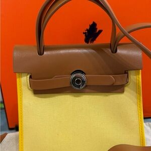 Herbag yellow canvas and brown leather bag purse